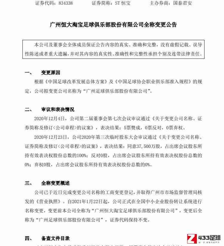 广州恒大拟变更公司名称为“广州足球俱乐部股份有限公司”