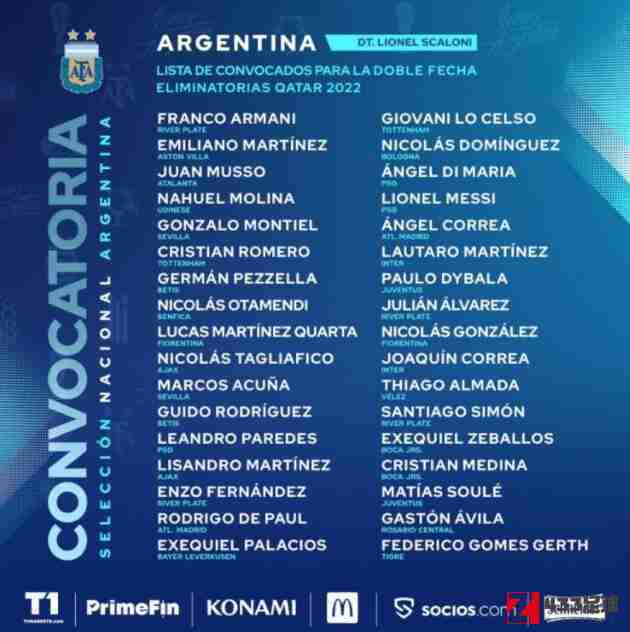 阿根廷队,阿根廷球员名单,阿根廷世预赛球员名单公布：奥塔门迪，夸尔塔入选