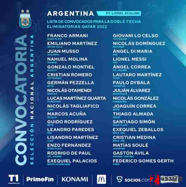 阿根廷国家队,阿根廷国家队最新名单,阿根廷国家队最新名单已公布：莫利纳,蒙蒂尔在内