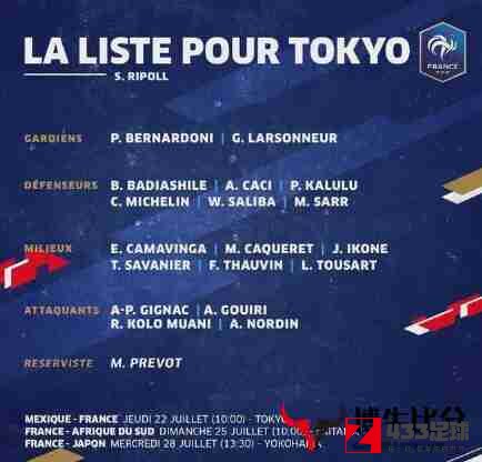法国国家队,法国国家队名单,法国国家队奥运名单公布：伊科内，图萨尔入选