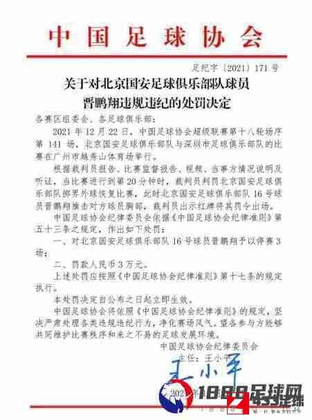 晋鹏翔,晋鹏翔被停赛罚款,将错过国安本赛季余下中超比赛
