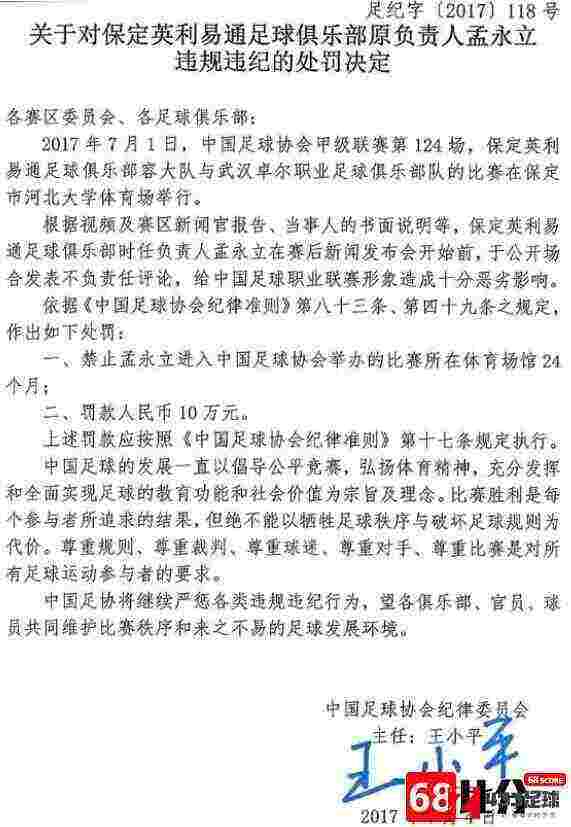 孟永立,孟永立发表不言言论，被禁入赛场24个月及罚款10万